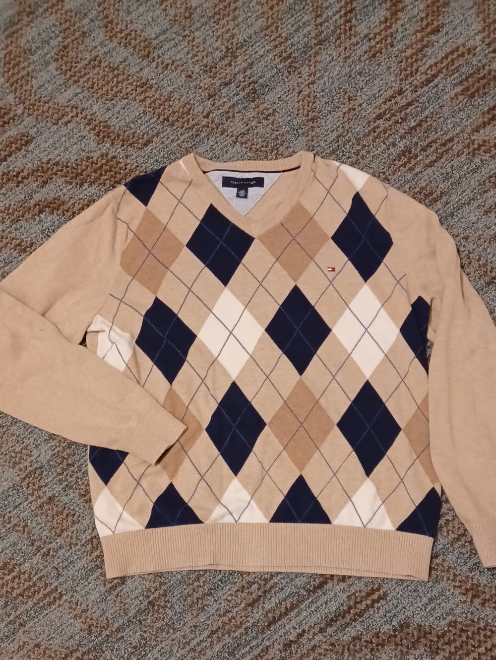 Tommy Hilfiger Beige, Navy and Cream Argyle V-Neck Sweater